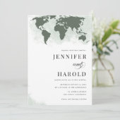 Sage Groene Wereldkaart QR Code Bestemming Bruilof Kaart (Staand voorkant)