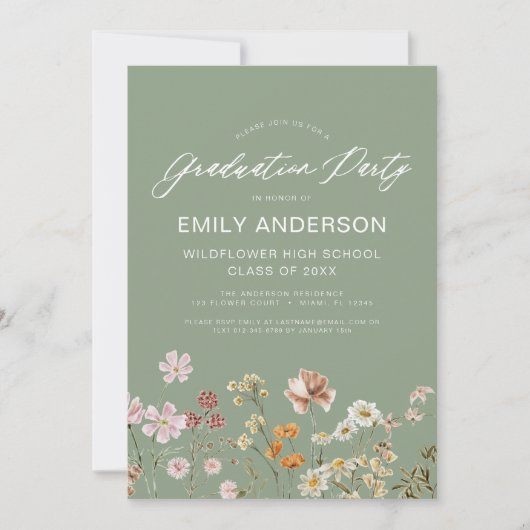 Sage Groene Wildbloem Afstudeerfeest Boho Bloom Kaart (Voorkant)