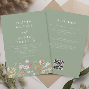 Sage Groene Wildbloem Alles In Een QR Code Bruilof Kaart