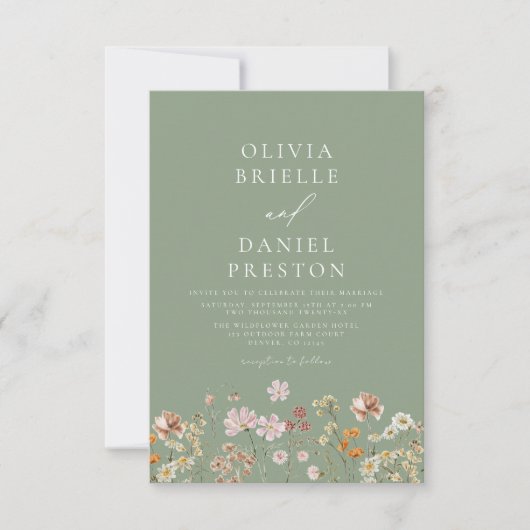 Sage Groene Wildbloem Alles In Een QR Code Bruilof Kaart (Voorkant)