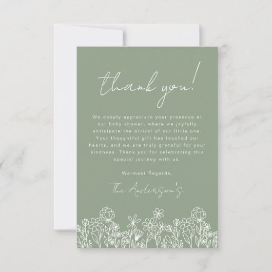 Sage Groene Wildbloem Baby in Bloom Baby shower Bedankkaart (Voorkant)