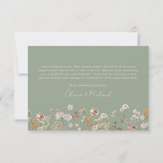 Sage Groene Wildbloem Baby in Bloom Baby shower Bedankkaart (Achterkant)