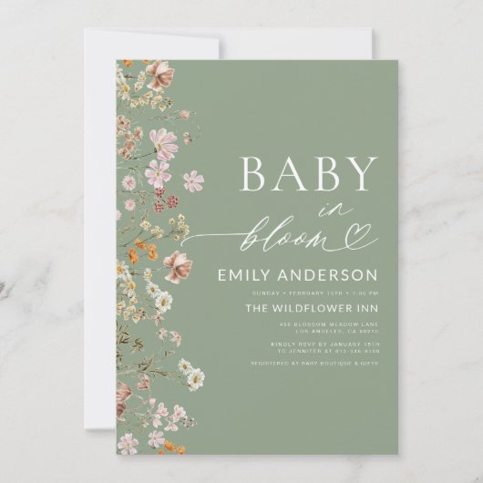 Sage Groene Wildbloem Baby in Bloom Baby shower Kaart (Voorkant)
