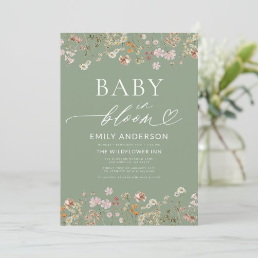 Sage Groene Wildbloem Baby in Bloom Baby shower Kaart (Staand voorkant)