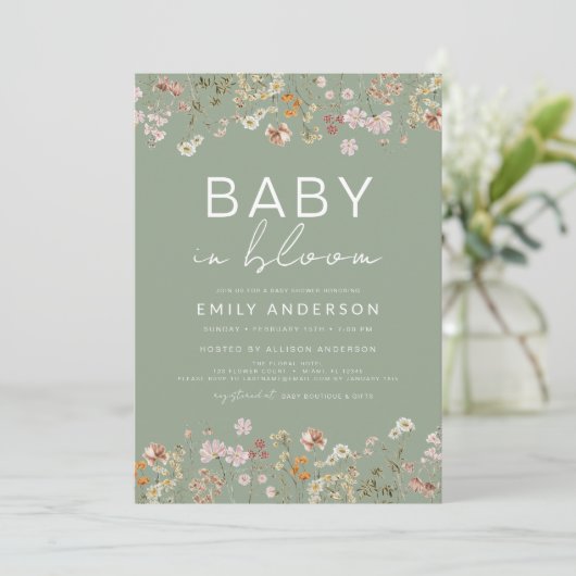 Sage Groene Wildbloem Baby in Bloom Baby shower Kaart (Staand voorkant)
