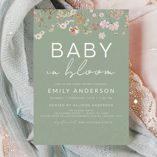 Sage Groene Wildbloem Baby in Bloom Baby shower Kaart