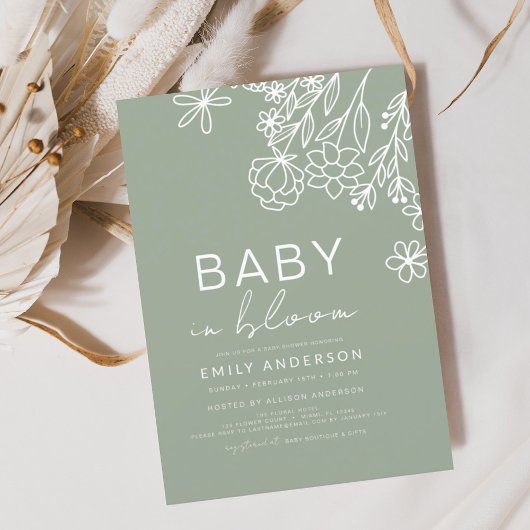 Sage Groene Wildbloem Baby in Bloom Baby shower Kaart