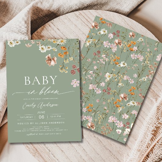 Sage Groene Wildbloem Baby in Bloom Baby shower Kaart