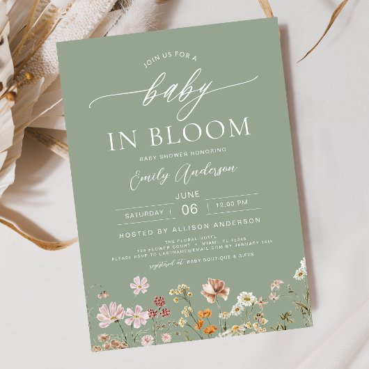 Sage Groene Wildbloem Baby in Bloom Baby shower Kaart