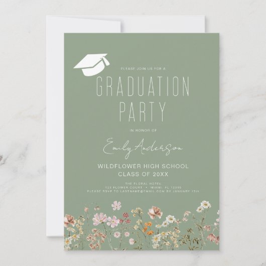 Sage Groene Wildbloem Bloom Afstudeerfeest Boho Kaart (Voorkant)
