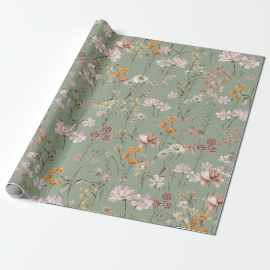 Sage Groene Wildbloem Boho Bloom Garden Boho Cadeaupapier (Uitgerold)
