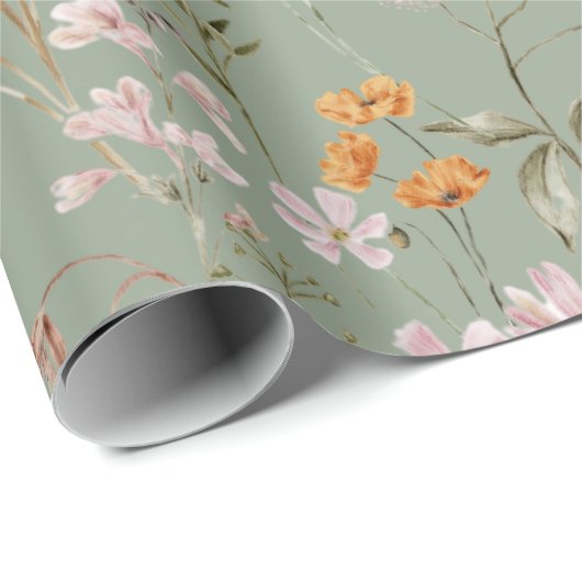 Sage Groene Wildbloem Boho Bloom Garden Boho Cadeaupapier (Rol Hoek)