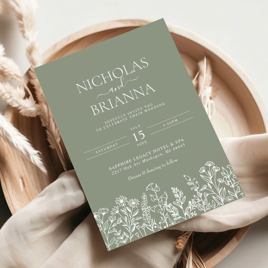 Sage Groene Wildbloem Boho Bruiloft Modern Monogra Kaart
