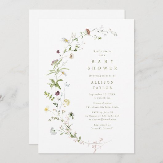 Sage Groene Wildbloem Rustiek Boho Baby shower Kaart (Voorkant / Achterkant)