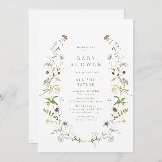 Sage Groene Wildbloem Rustiek Boho Baby shower Kaart (Voorkant / Achterkant)