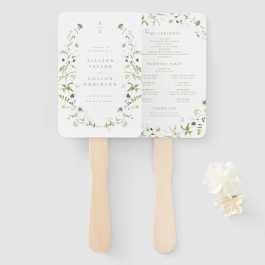 Sage Groene Wildbloem Rustiek Boho Trouwprogramma Handwaaier (Voorkant en achterkant)