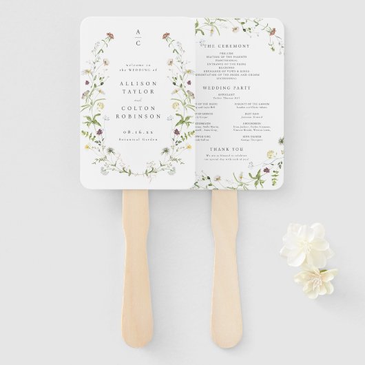 Sage Groene Wildbloem Rustiek Boho Trouwprogramma Handwaaier (Voorkant en achterkant)