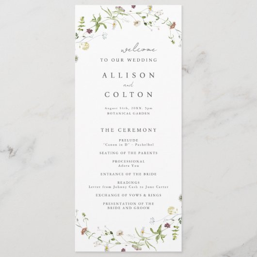 Sage Groene Wildbloem Rustiek Boho Trouwprogramma Programmakaart (Voorkant)