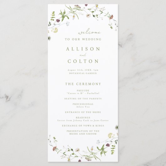 Sage Groene Wildbloem Rustiek Boho Trouwprogramma Programmakaart (Voorkant)