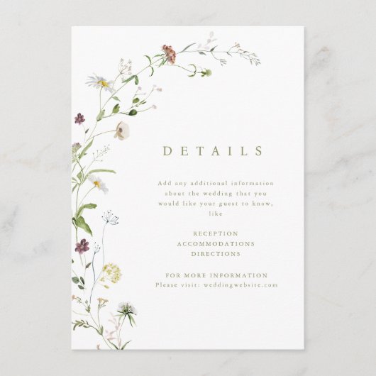 Sage Groene Wildbloem Rustieke Boho Bruiloft Detai Informatiekaartje (Voorkant)