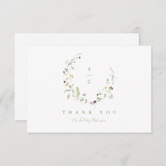 Sage Groene Wildbloem Rustieke Boho Bruiloft monog Bedankkaart (Voorkant / Achterkant)