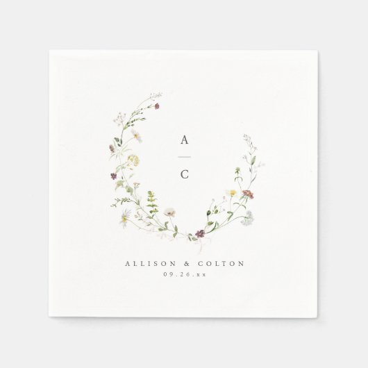 Sage Groene Wildbloem Rustieke Boho Bruiloft Monog Servet (Voorkant)