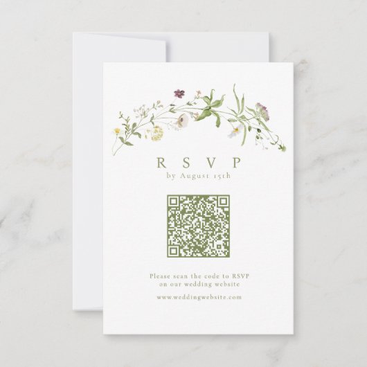 Sage Groene Wildbloem Rustieke Boho QR code Bruilo RSVP Kaartje (Voorkant)