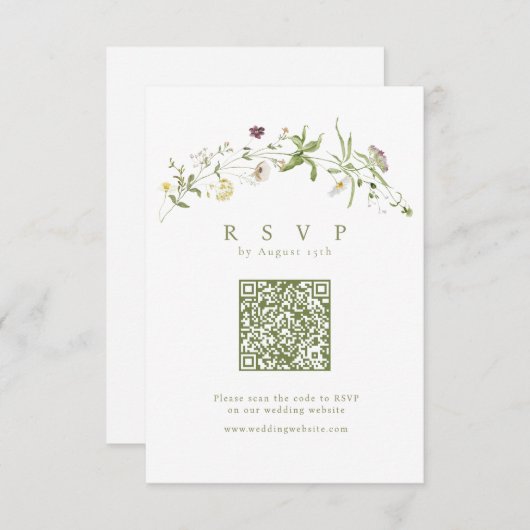 Sage Groene Wildbloem Rustieke Boho QR code Bruilo RSVP Kaartje (Voorkant / Achterkant)