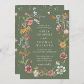 Sage Groene Wildbloemen Bruiloft uitnodiging (Voorkant / Achterkant)