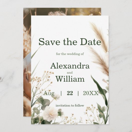 Sage Groene Wildbloemen en Pampa's Save The Date (Voorkant / Achterkant)