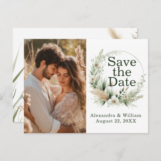 Sage Groene Wildbloemen en Pampa's Save The Date Uitnodiging Briefkaart (Voorkant / Achterkant)