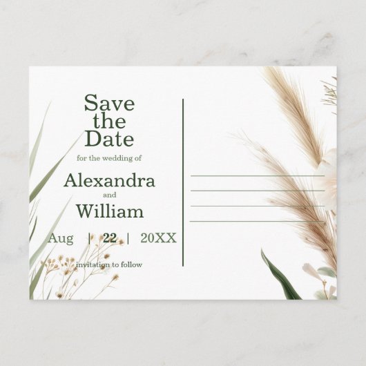 Sage Groene Wildbloemen en Pampa's Save The Date Uitnodiging Briefkaart (Achterkant)