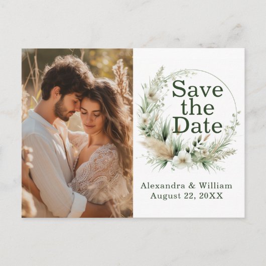 Sage Groene Wildbloemen en Pampa's Save The Date Uitnodiging Briefkaart (Voorkant)