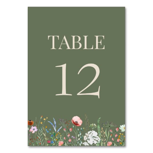 Sage Groene Wildbloemen Trouwtafel Nummer Kaart (Achterkant)