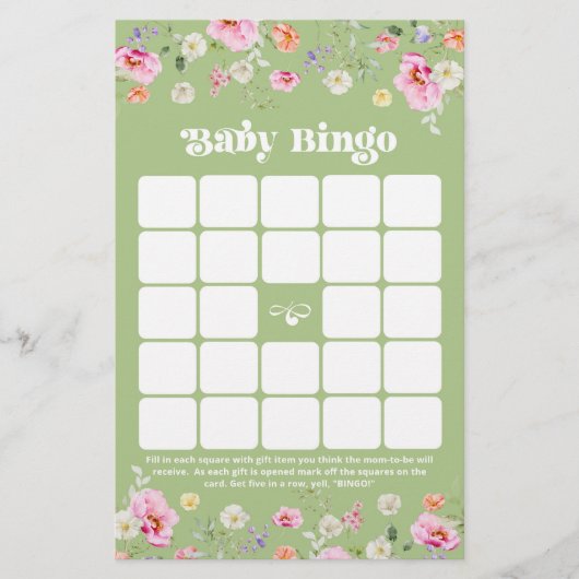 Sage groene wilde bloem Baby shower Bingo spel (Voorkant)