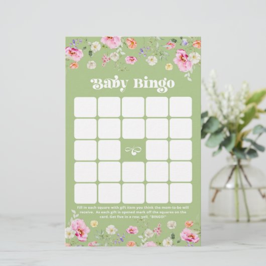 Sage groene wilde bloem Baby shower Bingo spel (Staand voorkant)