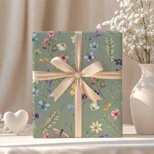 Sage Groene Wilde Bloem & Vlinder Boho Zomer Cadeaupapier