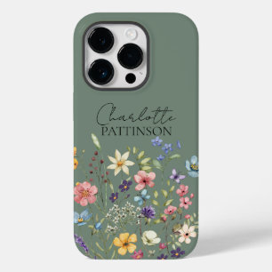 Sage Groene Wildflower Aangepaste Naam Monogram Case-Mate iPhone 14 Pro Hoesje