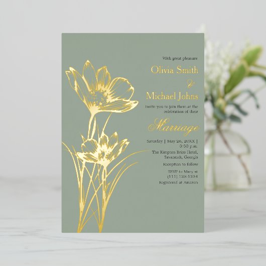 Sage groene Wildflower bruiloft uitnodiging (Staand Voorkant)