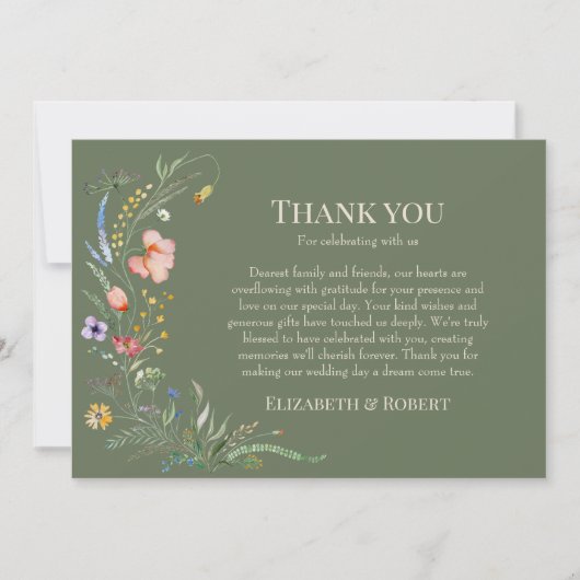 Sage Groene Wildflower Meadow Bruiloft Bedankkaart (Voorkant)