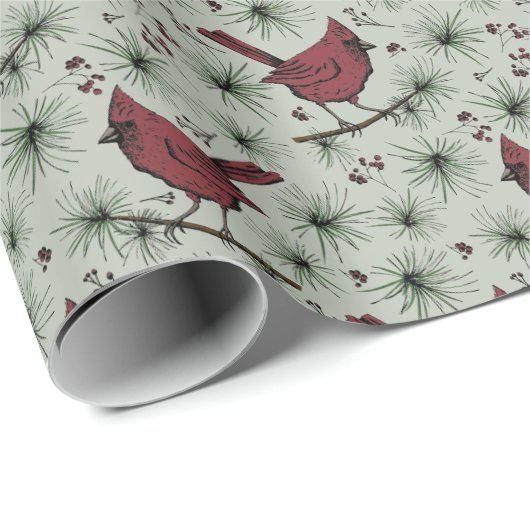 Sage Groene Winter Rode Kardinaal Patroon Cadeaupapier (Rol Hoek)