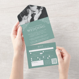 Sage groene witte bladeren fotomaaltijd RSVP QR br All In One Uitnodiging