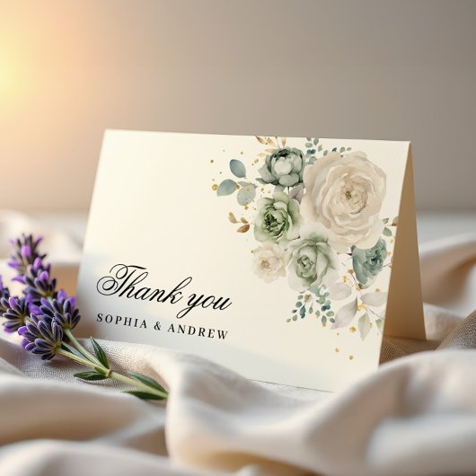 Sage Groene & Witte Bloemen Bruiloft Dank u Kaart