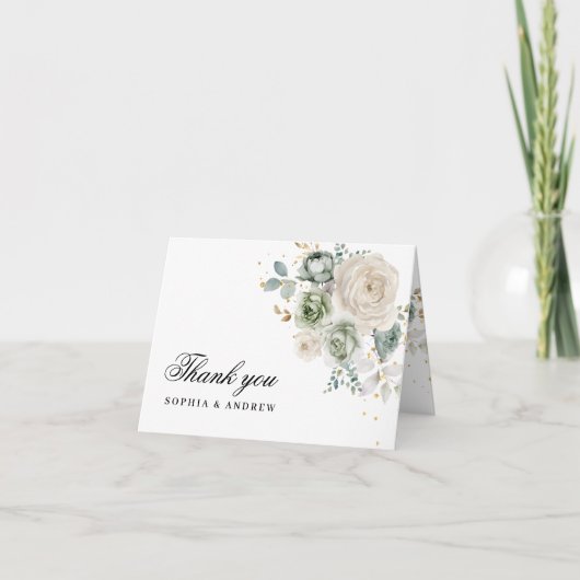 Sage Groene & Witte Bloemen Bruiloft Dank u Kaart (Voorkant)