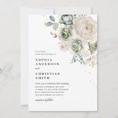 Sage Groene & Witte Bloemen Bruiloft Uitnodiging (Voorkant)