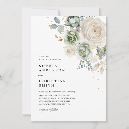 Sage Groene & Witte Bloemen Bruiloft Uitnodiging (Voorkant)