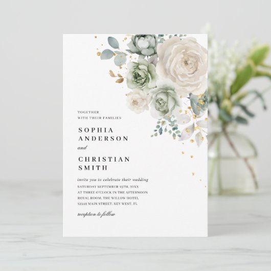Sage Groene & Witte Bloemen Bruiloft Uitnodiging (Staand voorkant)