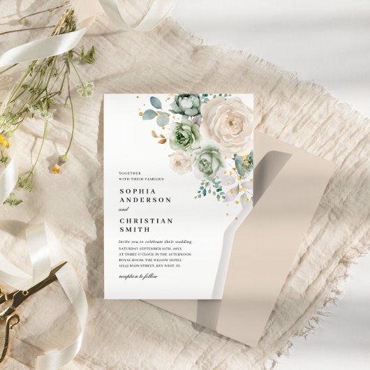 Sage Groene & Witte Bloemen Bruiloft Uitnodiging