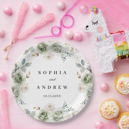 Sage Groene & Witte Bloemen Trouwpapier Borden Papieren Bordje (Feest)