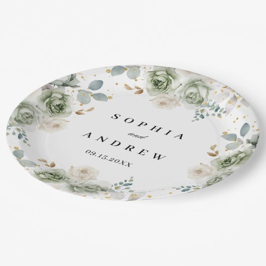 Sage Groene & Witte Bloemen Trouwpapier Borden Papieren Bordje (Gekanteld)